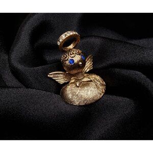 Vintage Tortolani Signed Angel Brooch With Halo & Blue Crystal Eyes
